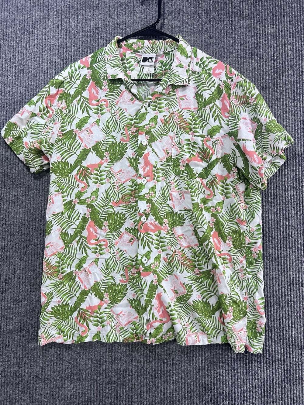 MTV Pink Flamingo And Green Palms Hawaiian Shirt With MTV Logo Size L
